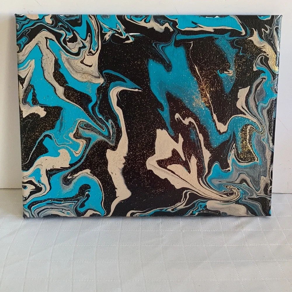 abstract Art NEW black tan teal and glitter wall decor made by me pour painting